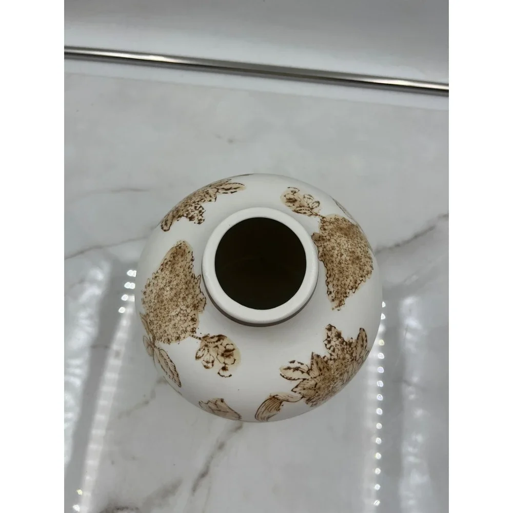 Vintage Style Ceramic Floral Bud Vase White and Brown Botanical Sketch 6.5 Inch